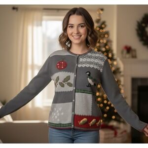 Vtg Orvis Goose Ugly Christmas Sweater Cardigan Patchwork Grandmcore Womens L